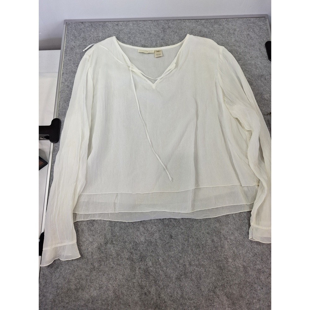 J. Jill Womens Ivory Rayon Crinkle V-Neck Tie Blouse Double Layer Hem LP - Picture 4 of 5